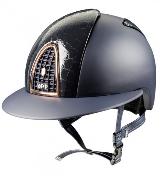 Kep Italia Reithelm Blauer Textle Cromo mit Vorder- und Rückseite aus blauem Cocco Style Leder Pane